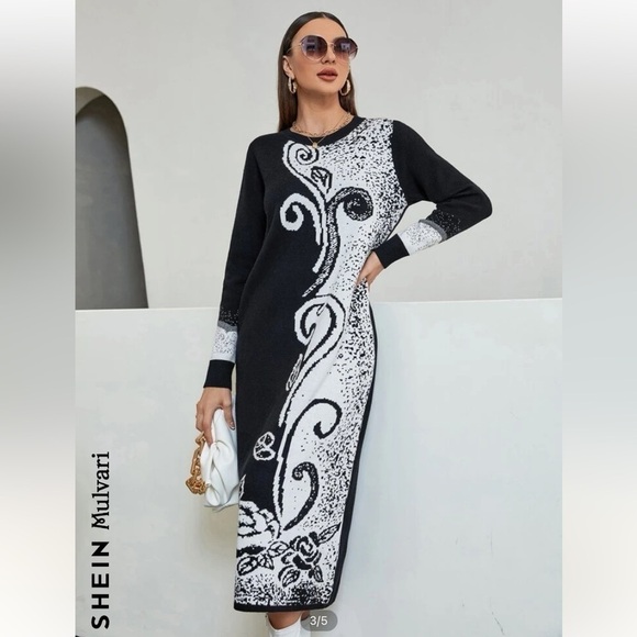 Mulvari Floral Pattern Colour block White Black Sweater Dress Sz M NWOT - Picture 5 of 8